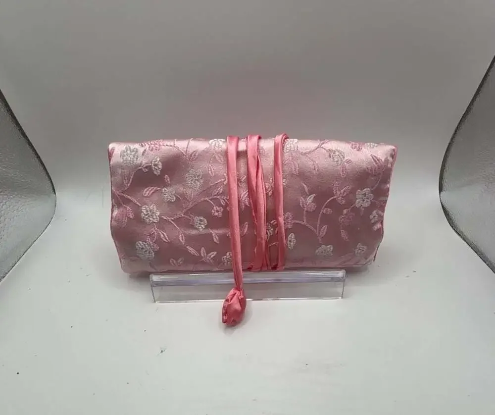 Pink Floral Embroidered Silk Jewelry Travel Roll Organizer